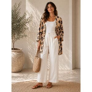 OUGES Leopard Print Kimono Cardigan Small Boho Lightweight Duster Animal Print